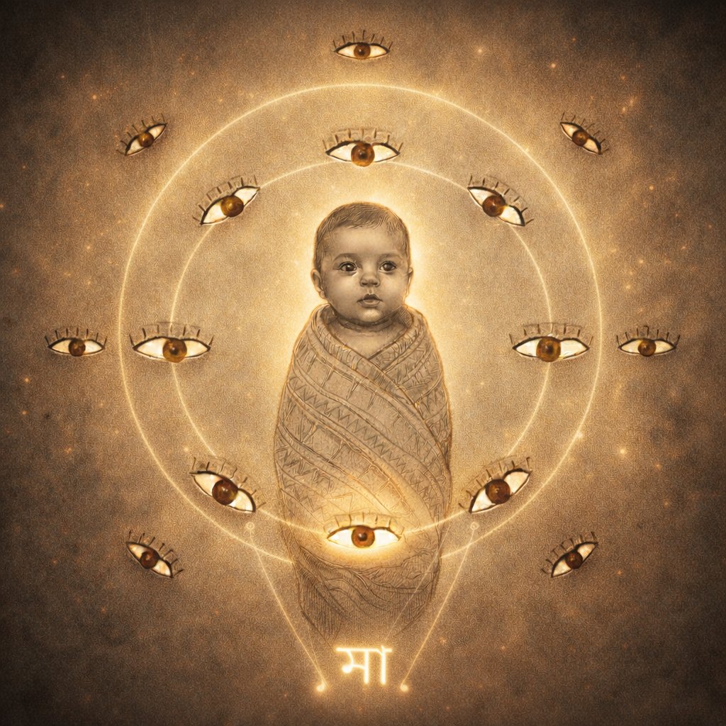 Baby Ajit — an illustrated infant with open eyes, swaddled, surrounded by glowing rings and watching eyes, with the Bengali word for mother at the base