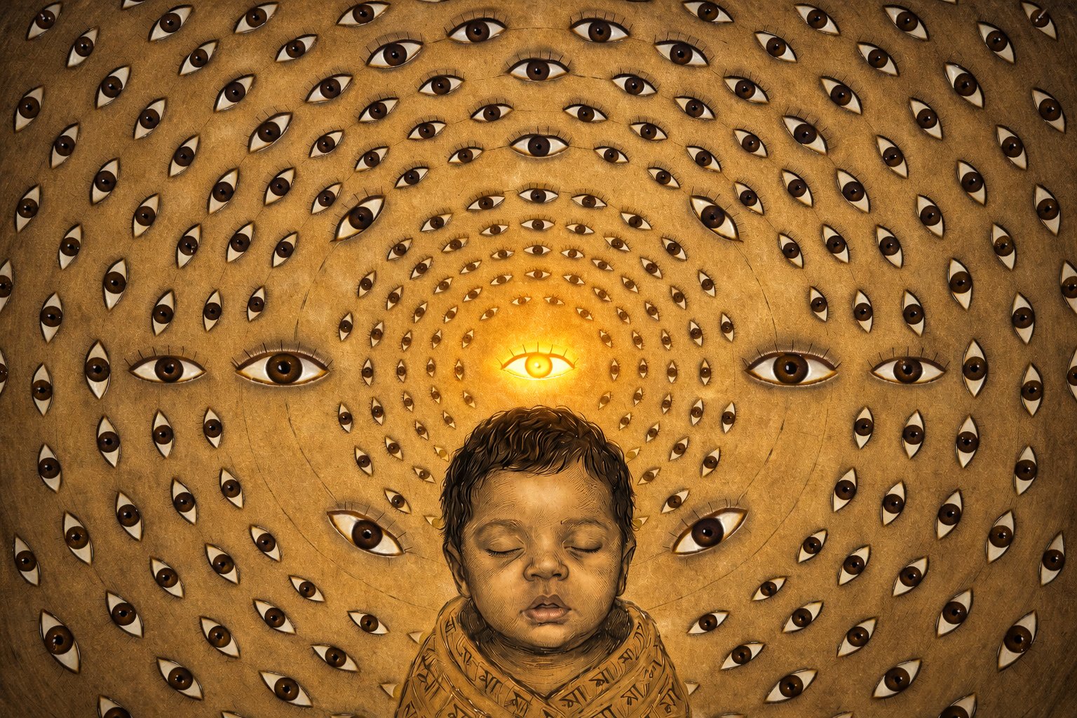 An illustrated sleeping baby surrounded by concentric rings of watching eyes, with a glowing golden third eye at the center — the cover image for The Orphan Paradox